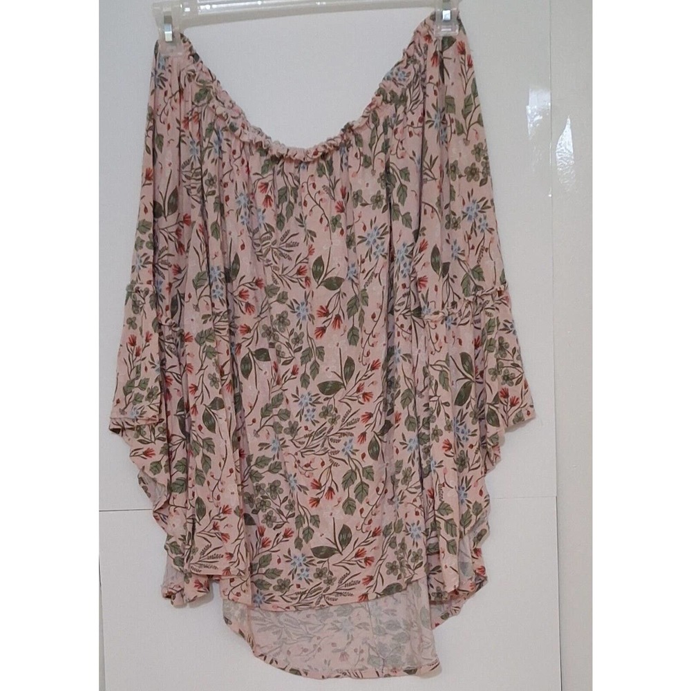 Time And Tru Women's Bell Sleeve Shirt Large 12/14 Pink Floral Off Shoulder